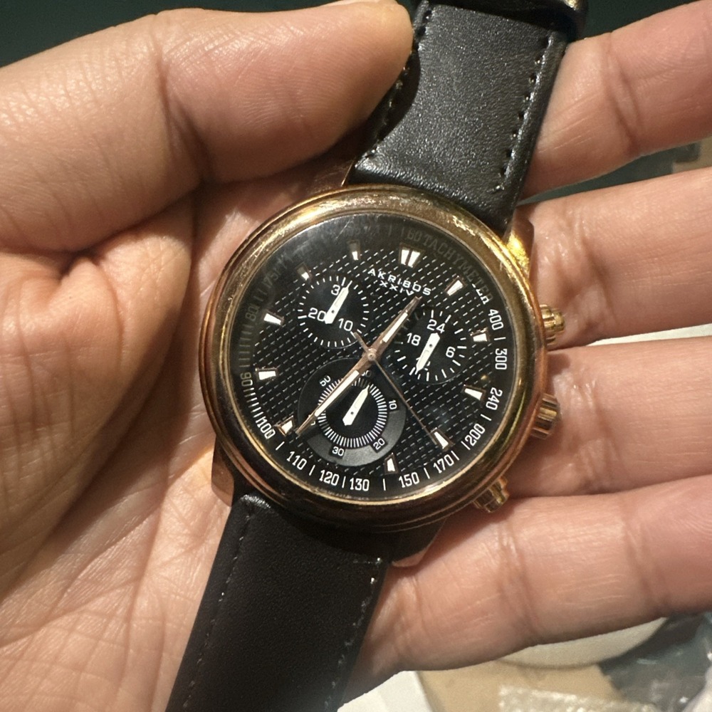 Working Akribos XXIV Chronograph Mens Watch Ak443RG Rose Gold Quartz 43MM Black